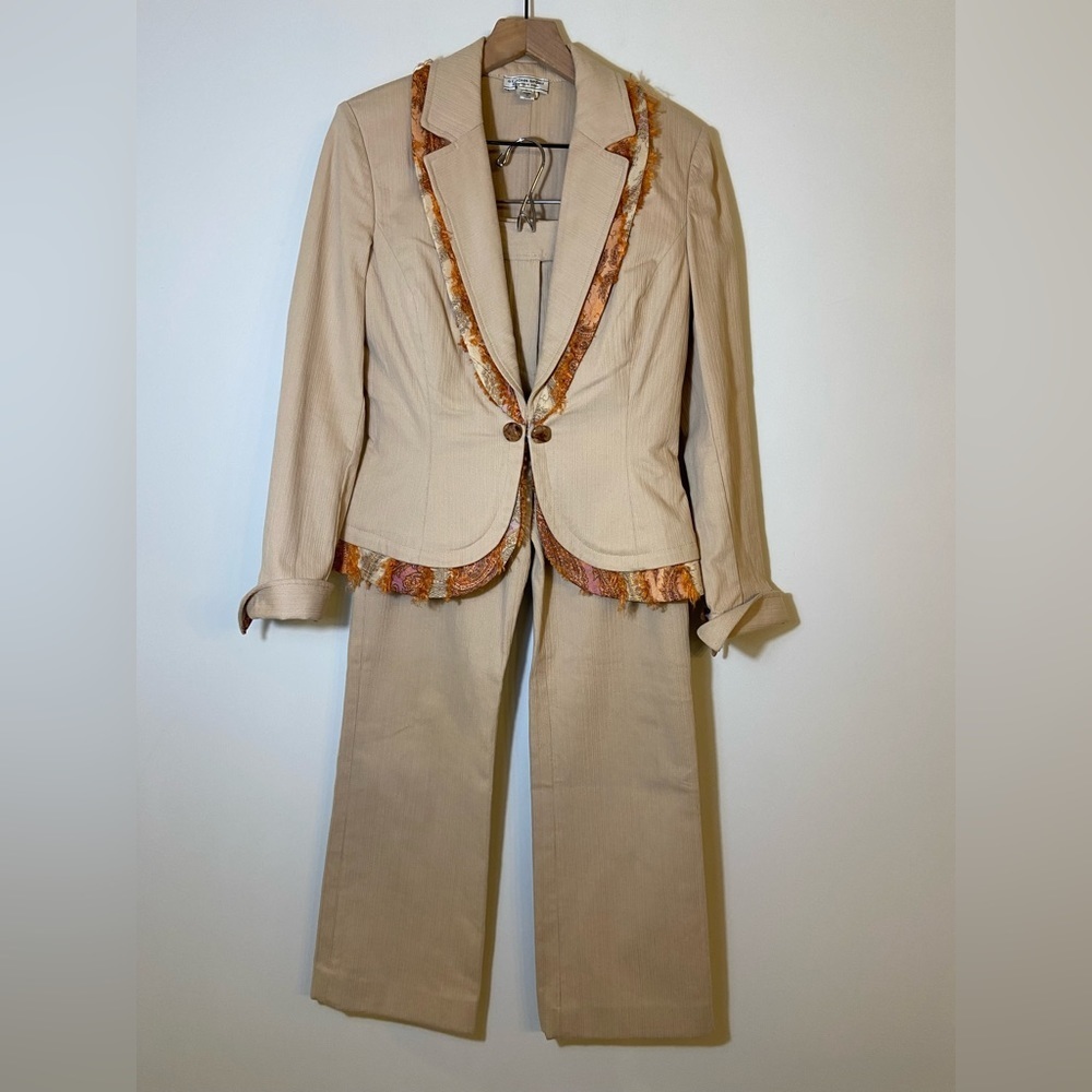 St. John Beige Two-Piece Pantsuit with Multicolor Trim
